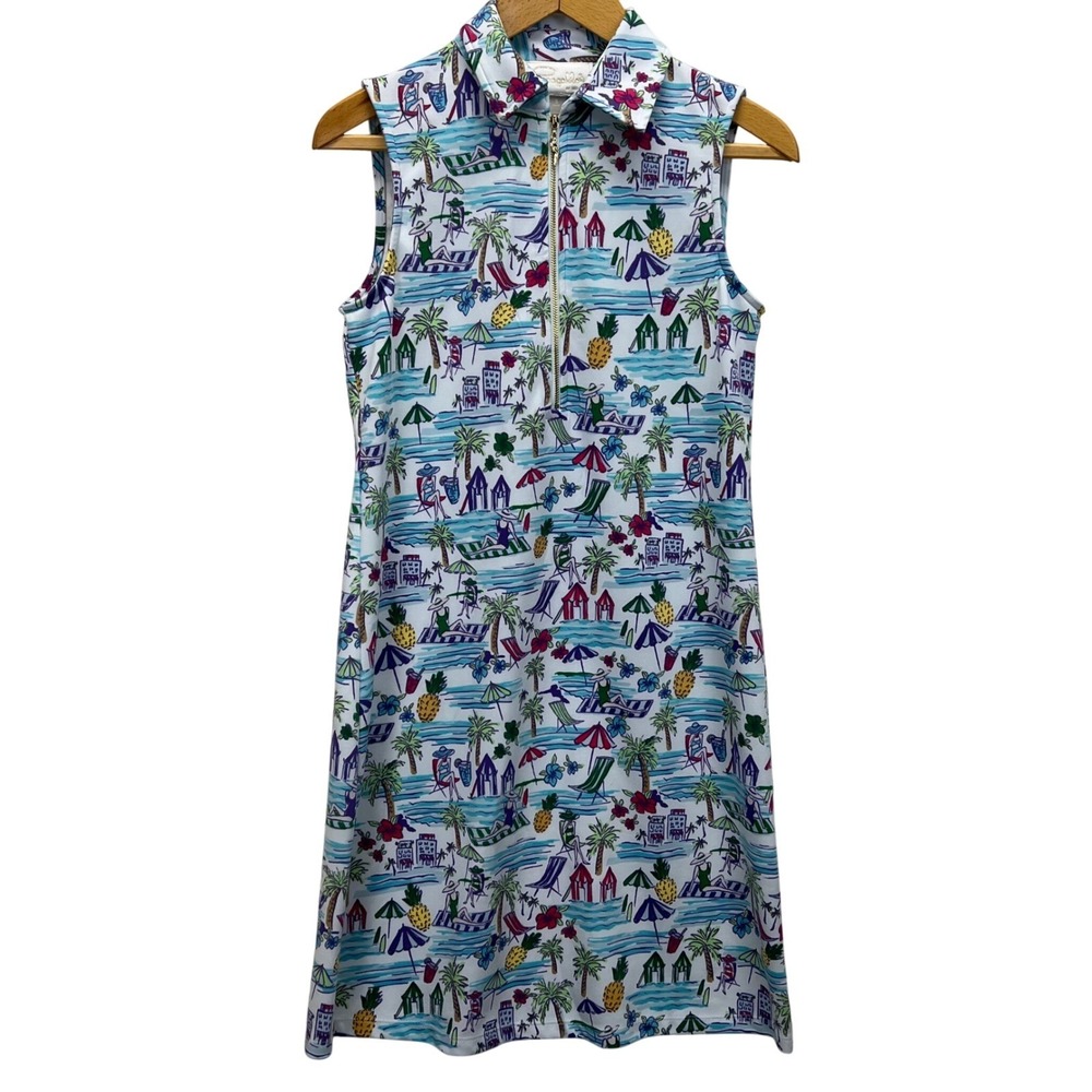 Pappagallo Beach Print Shift Dress Womens Small White Tropical Zip Neck Midi